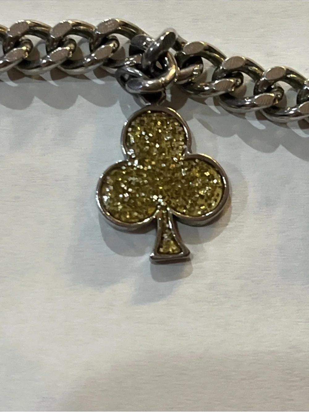 Sterling Silver Charm Bracelet with Black Spade and Gold Glitter Club Charms 8”
